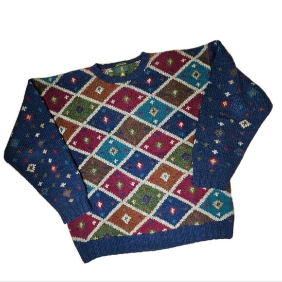 Club Room 90s Hand Knit Shetland Wool ColorfulGeometric Diamonds Heavy Sweater